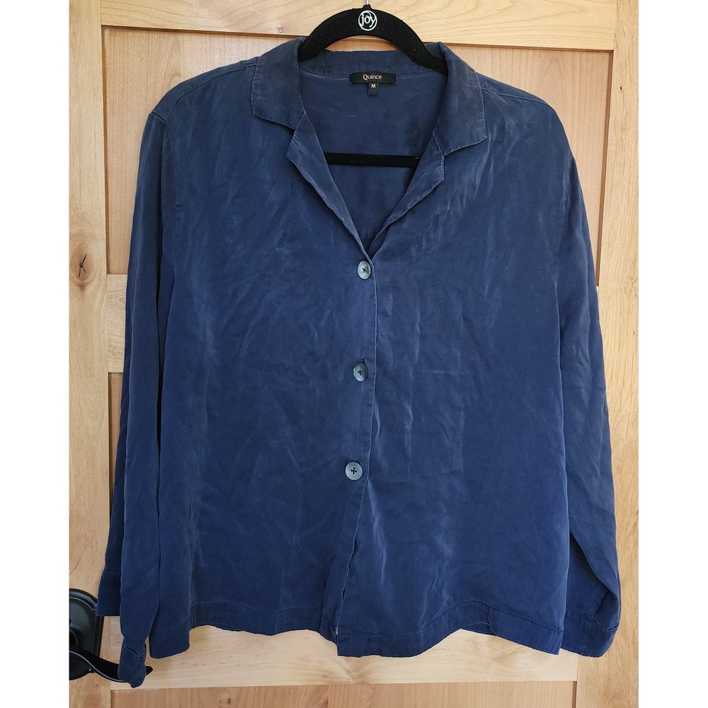 Quince 100% Silk MEDIUM Navy Blue Button Down Long Sleeve Shirt Minimalist Luxe